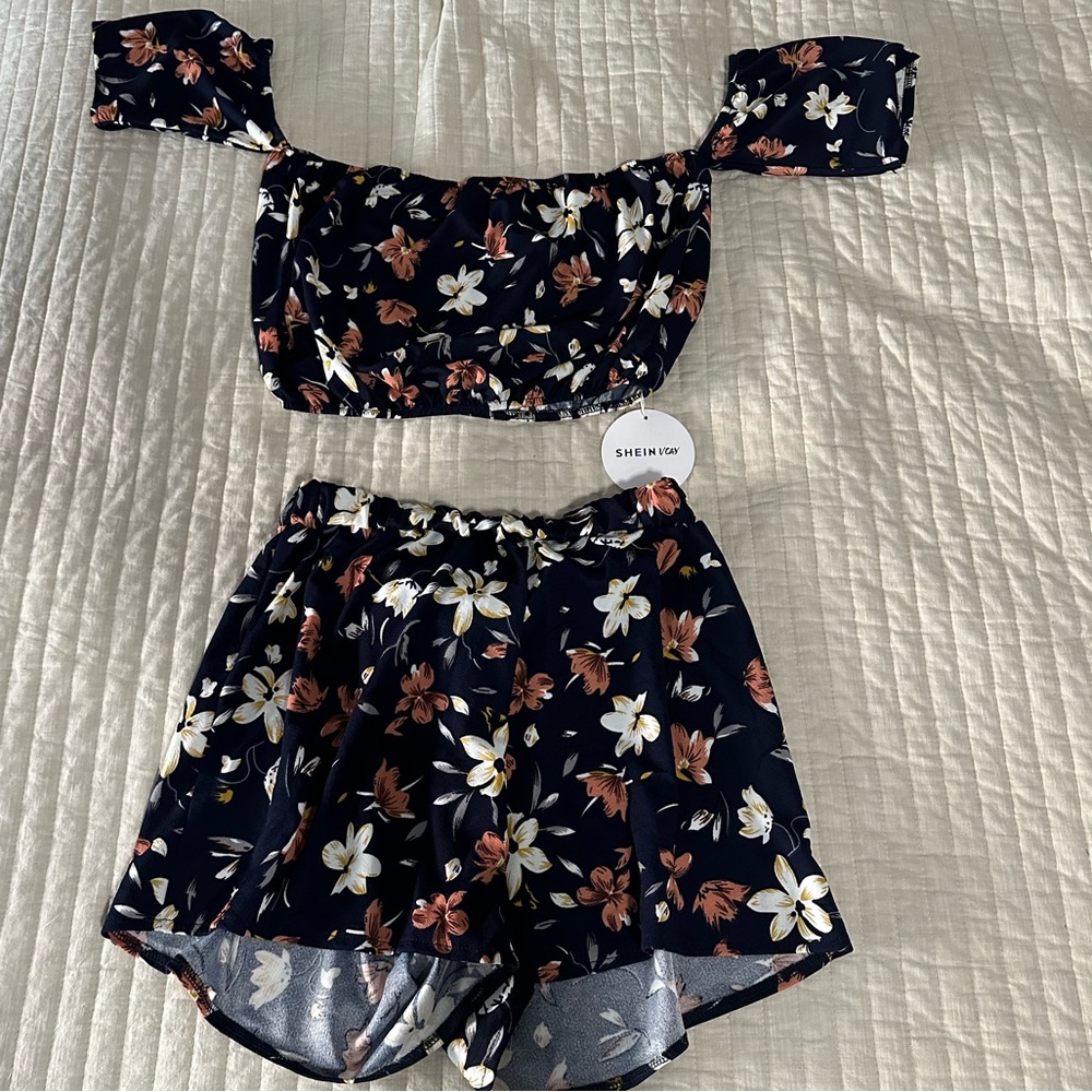 SHEIN Vcay Floral off the shoulder crop top and short set